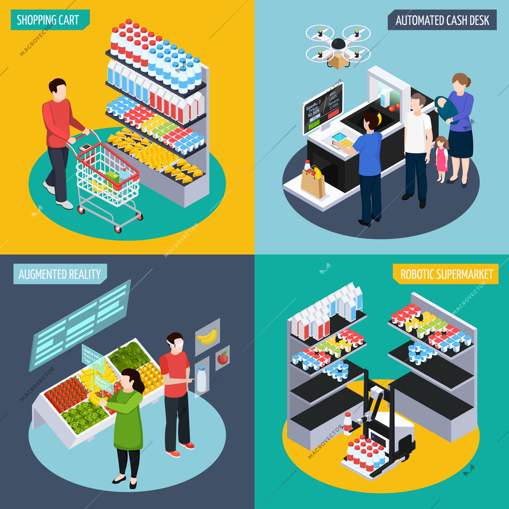 Future super market isometric design concept, automated cash desk, cart, augmented reality, robotic shop isolated vector illustration