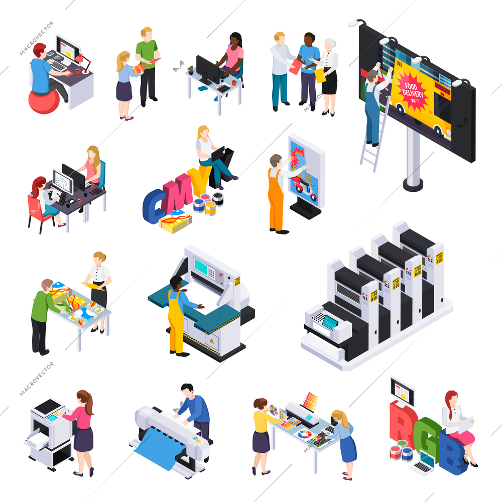 Advertising agency production isometric elements set with ads designers presentations printing cutting installation on billboard vector illustration