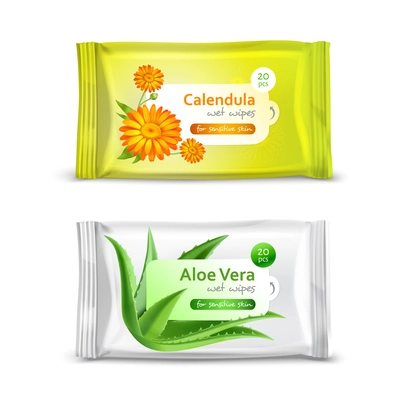 Set of realistic packaging for wet napkins with calendula and aloe vera isolated 3d vector illustration