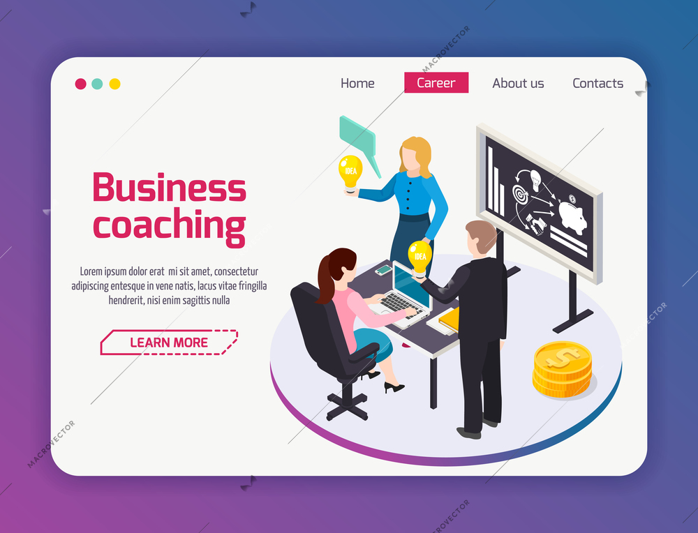 Business coaching landing page of web site with menu and isometric composition brain storming vector illustration