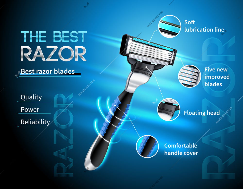 Realistic razor with five blades and floating head advertising poster on gradient blue background vector illustration