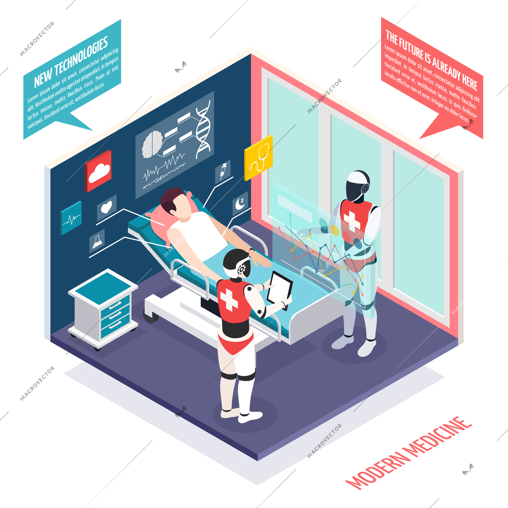 Modern medical technologies in health care isometric composition with two nanorobots preparing patient for surgery vector illustration