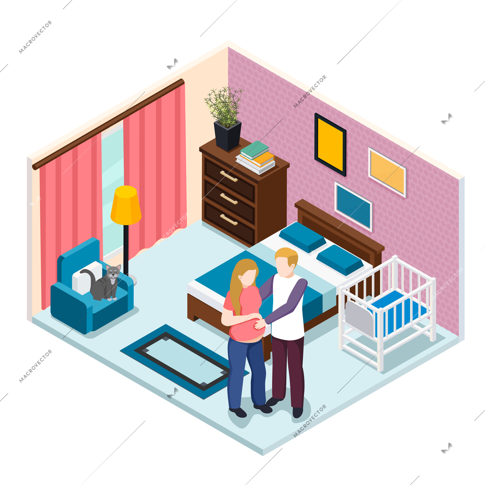 Expectation baby isometric composition, young man hugging pregnant woman in bedroom with child cot vector illustration