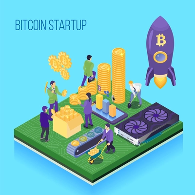 Bit coin start up project, crypto currency mining and transaction, computer hardware, blue background isometric vector illustration