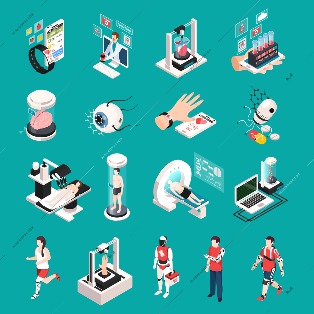 Modern medical technology isometric icons set with organs 3d printing transplantation nanorobots electronic devices isolated vector illustration