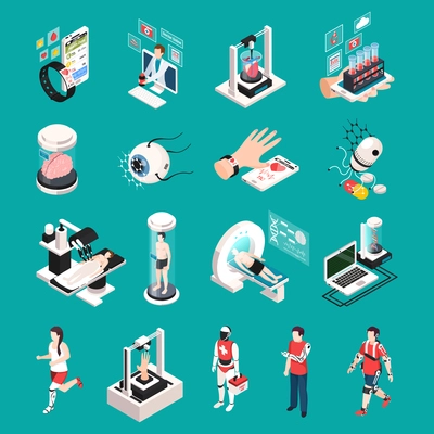 Modern medical technology isometric icons set with organs 3d printing transplantation nanorobots electronic devices isolated vector illustration