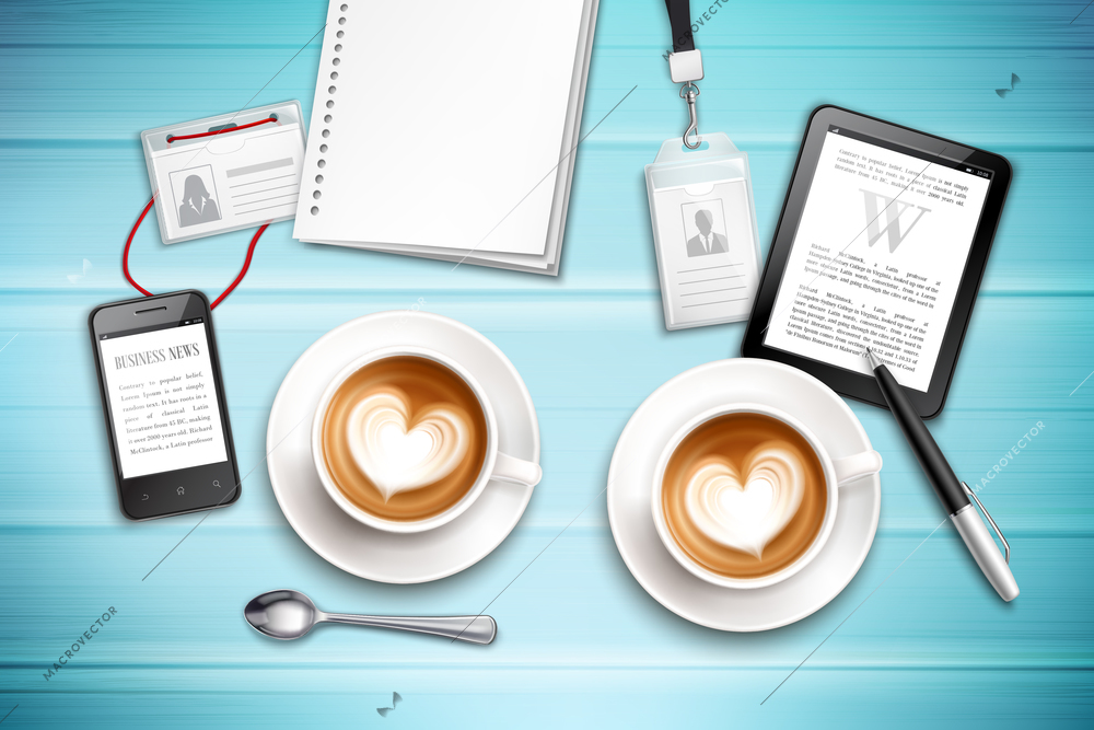 Work place top view with cappuccino badges and gadgets on textured blue background realistic vector illustration