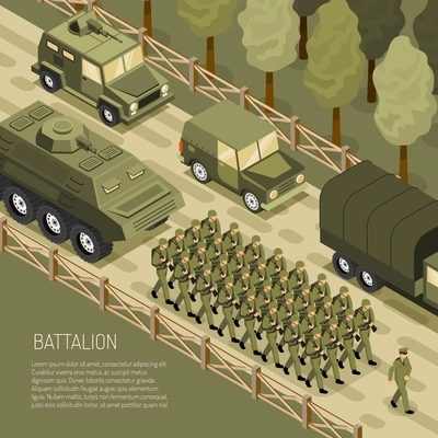 Military vehicles composition with editable text and view army battalion with transport units on country road vector illustration