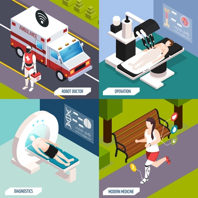 Advanced medical technologies concept 4 isometric icons with robotic doctor and fully automated operation isolated vector illustration