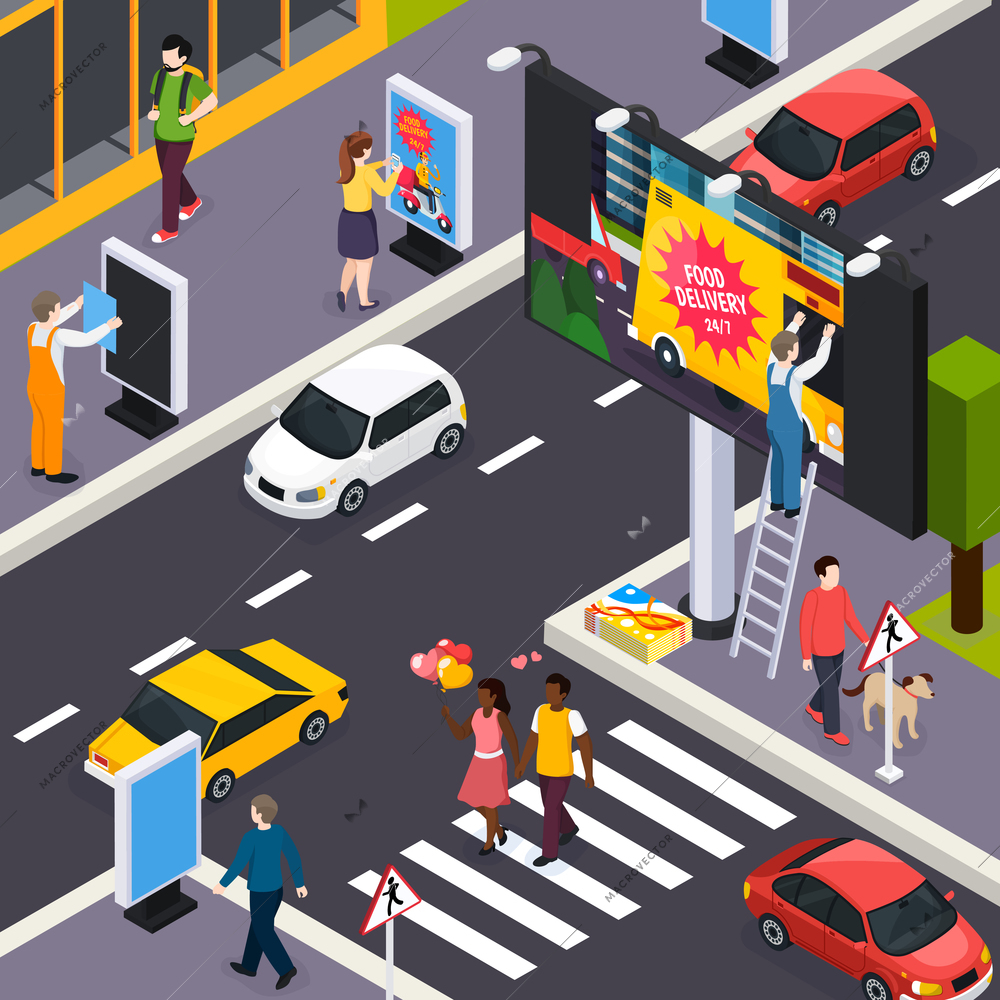 Advertising agency installers placing banners posters signs within busy city streets crossroads daytime isometric composition vector illustration