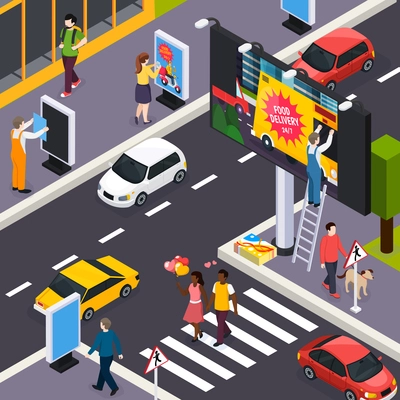 Advertising agency installers placing banners posters signs within busy city streets crossroads daytime isometric composition vector illustration