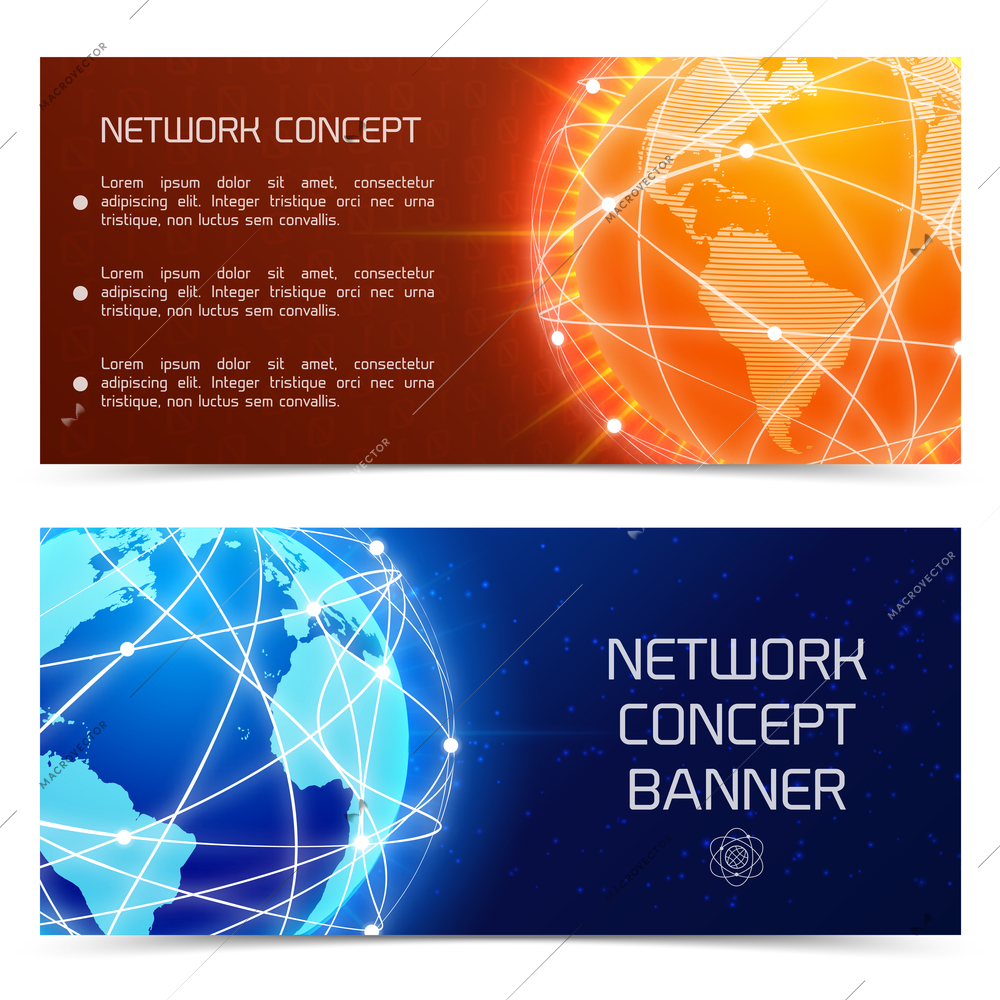 Network globe orange and blue sphere earth map banners set isolated vector illustration