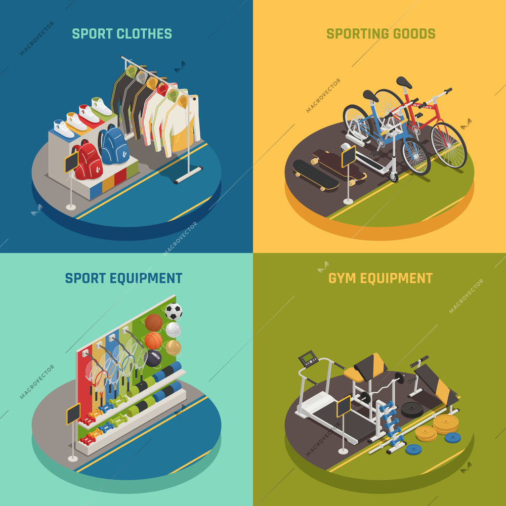 Sport shop isometric design concept with clothing gaming inventory bicycles and skateboards gym equipment isolated vector illustration