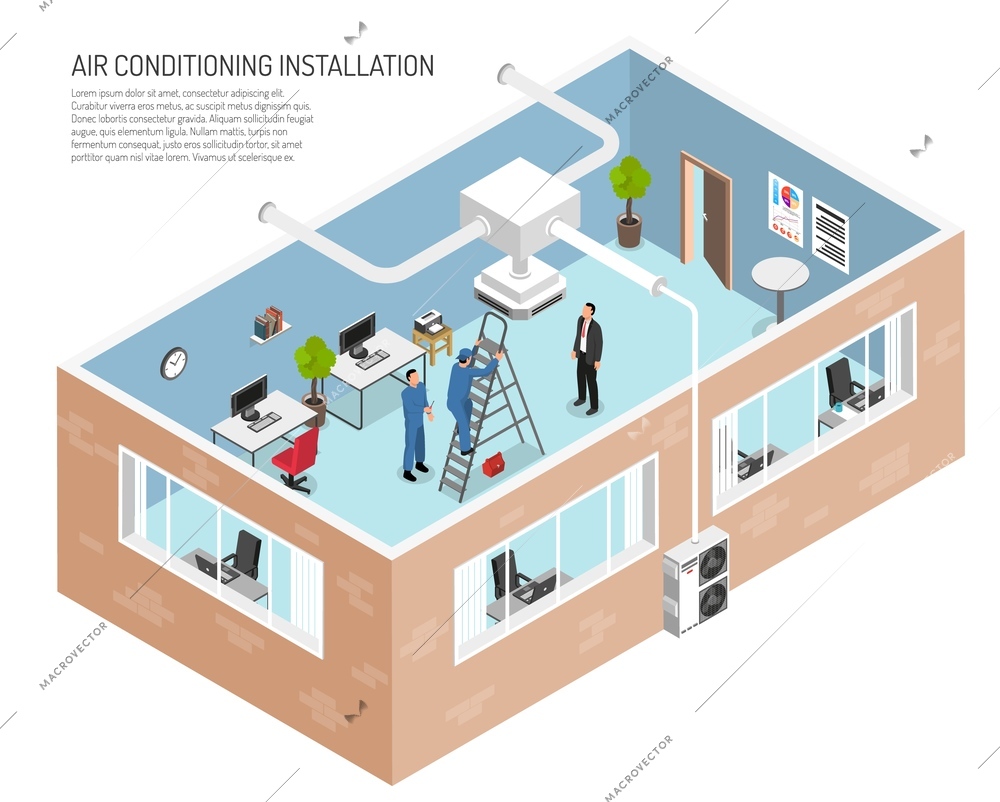 Air conditioners service office illustration with editable text and cut away view of building with people vector illustration