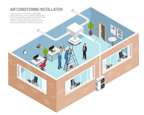 Air conditioners service office illustration with editable text and cut away view of building with people vector illustration