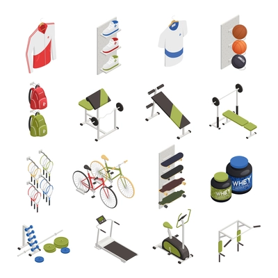 Sport shop with exercise equipment clothing and shoes bicycles and skateboards nutrition isometric icons isolated vector illustration