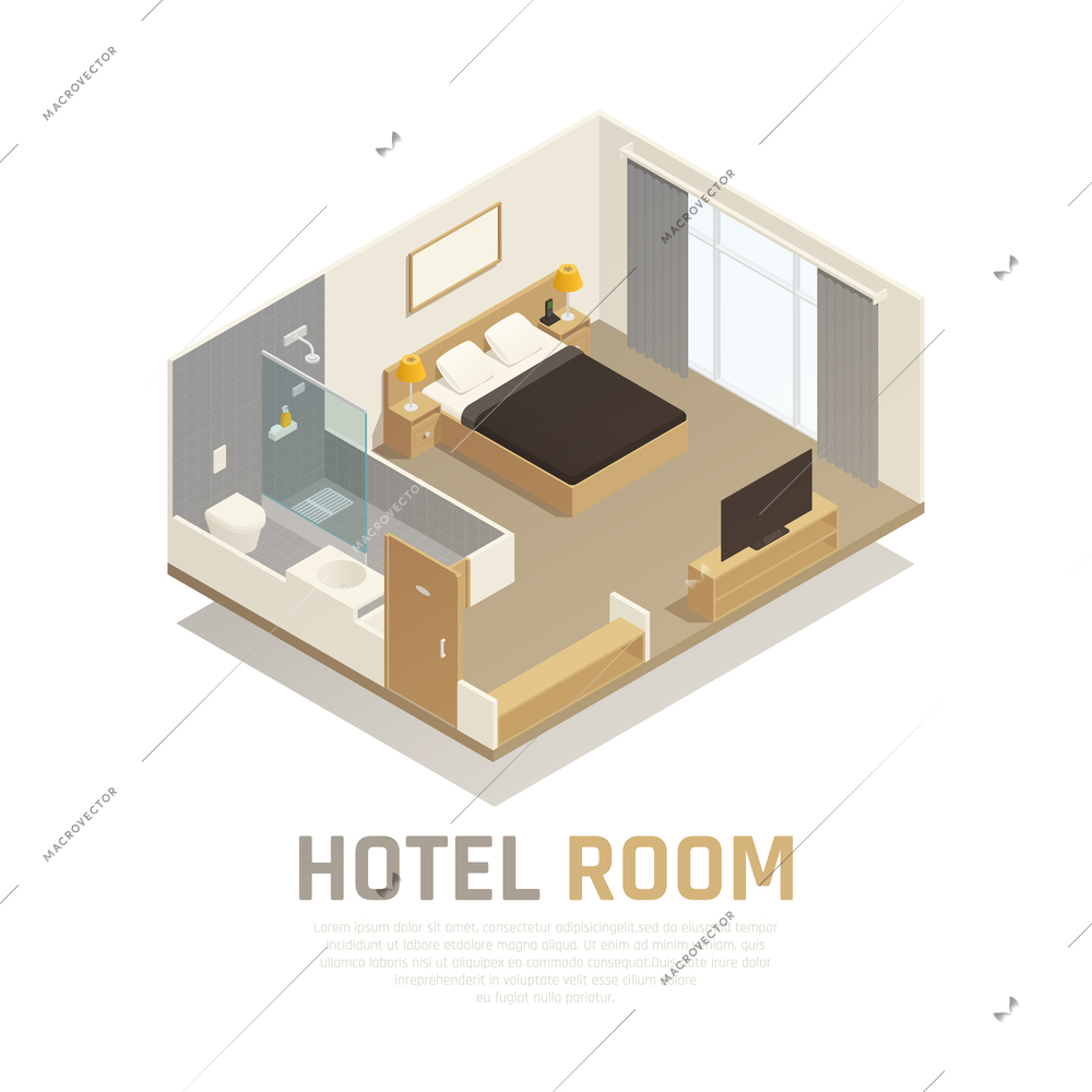 Hotel room with light furniture television and bath area with shower and toilet isometric composition vector illustration