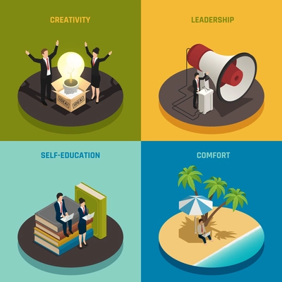 Entrepreneur concept with creativity leadership self education and comfort isometric design isolated vector illustration