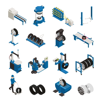 Tire production isometric icons with industrial equipment for manufacturing and maintenance of automobile wheel isolated vector illustration