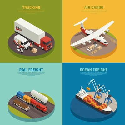 Cargo transportation including ocean and rail freight air delivery trucking isometric design concept isolated vector illustration