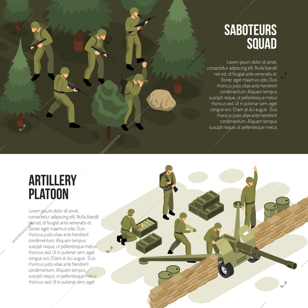 Military vehicles banners set with compositions of isometric images with soldiers tactical activities and editable text vector illustration