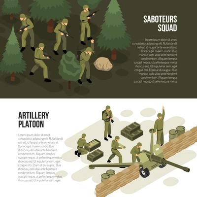 Military vehicles banners set with compositions of isometric images with soldiers tactical activities and editable text vector illustration