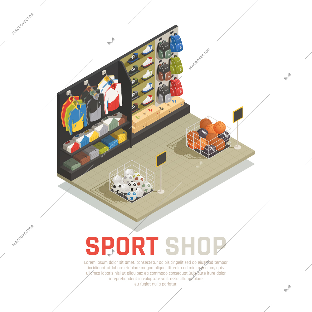 Sport shop isometric composition shelves with back packs clothing and shoes gaming equipment vector illustration