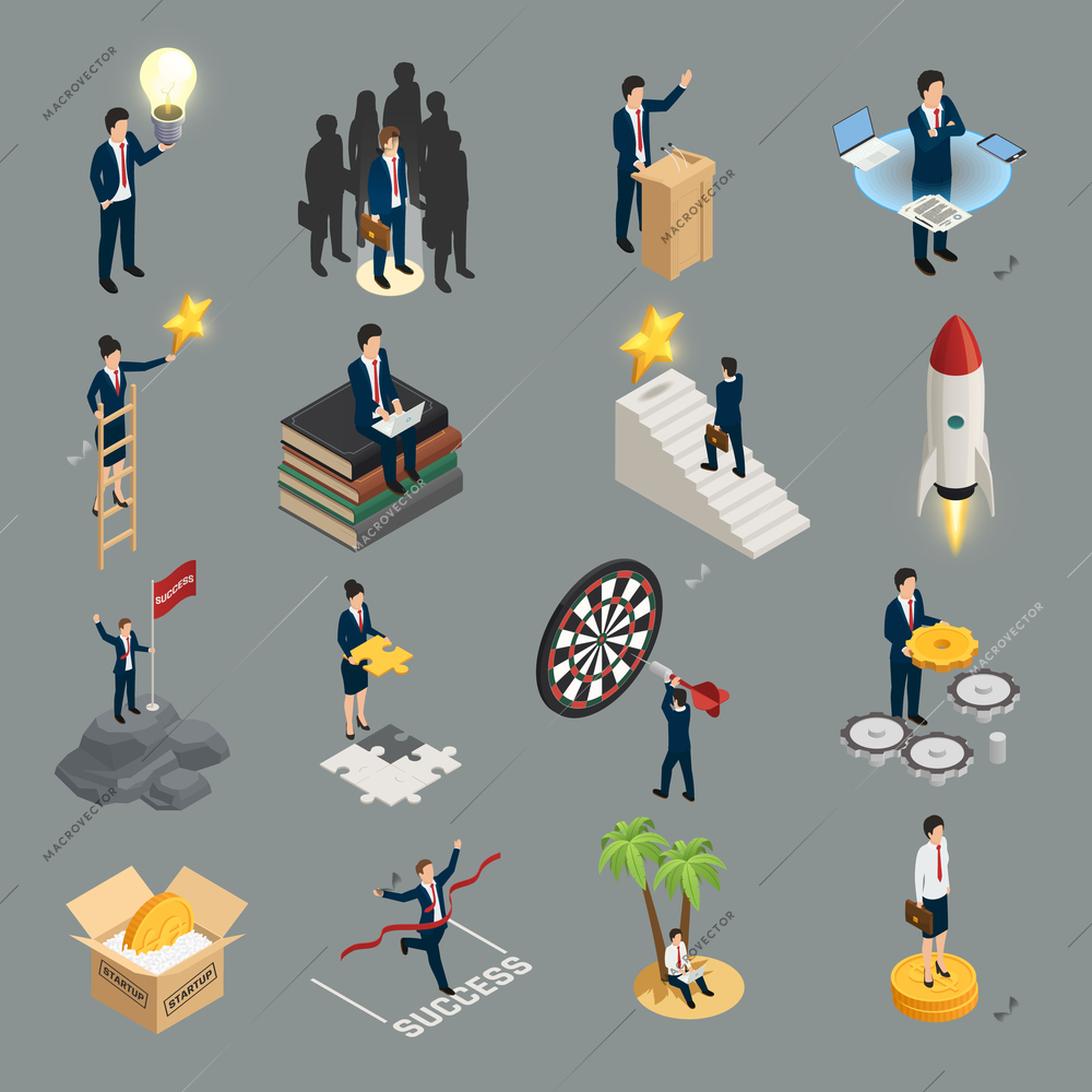 Entrepreneur isometric icons creative idea sociality purposefulness self education and success isolated on grey background vector illustration