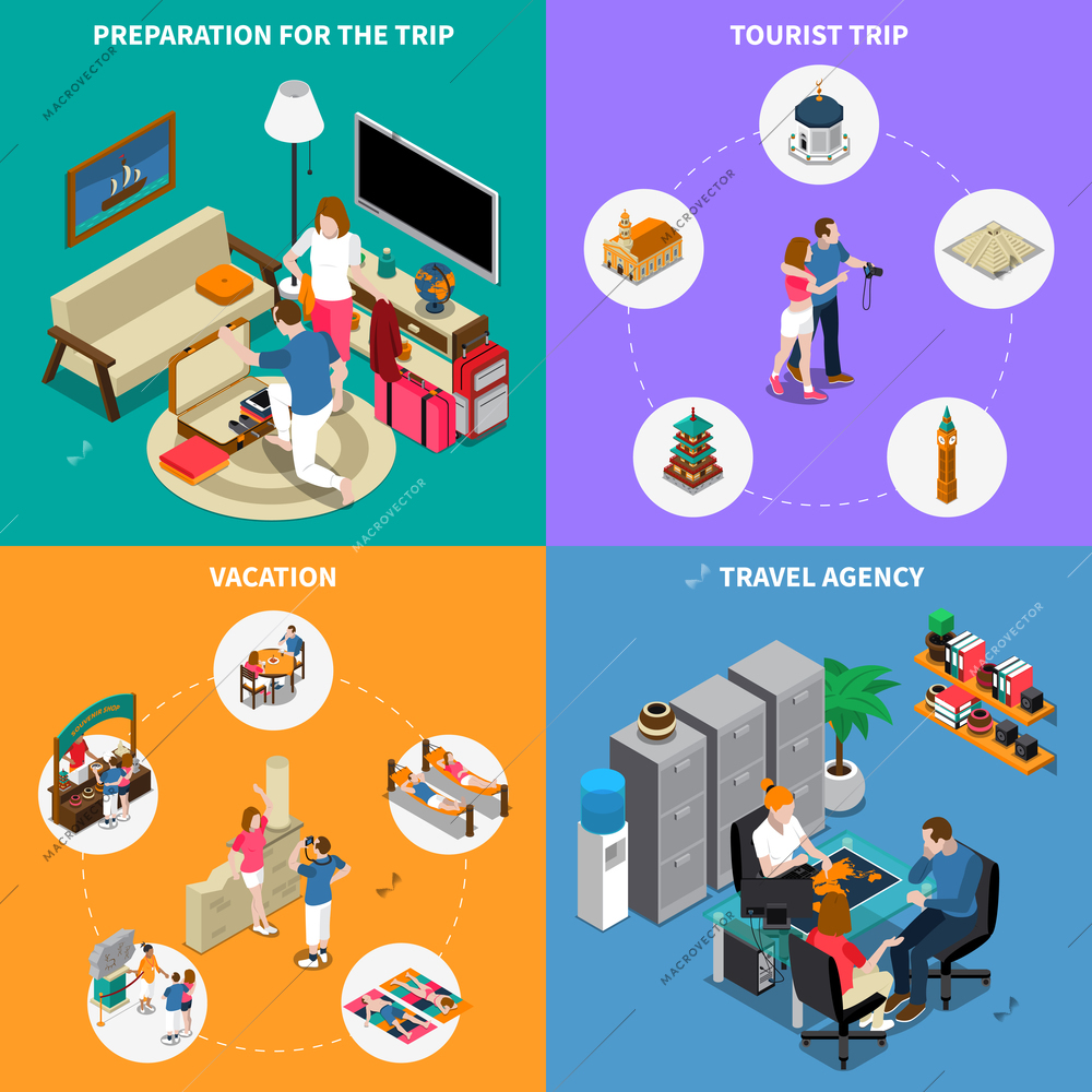 Travel agency 2x2 design concept set of preparation for trip type of vacation tourist tour isometric icons vector illustration