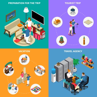Travel agency 2x2 design concept set of preparation for trip type of vacation tourist tour isometric icons vector illustration