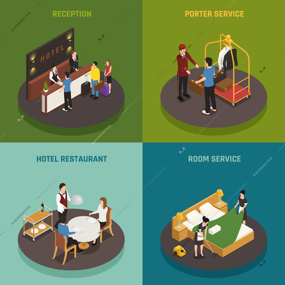 Hotel staff isometric design concept with reception porter restaurant and room service isolated vector illustration