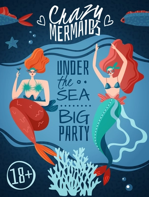 Crazy mermaids 18 plus party announcement poster with 2 red haired sexy sea life creatures vector illustration