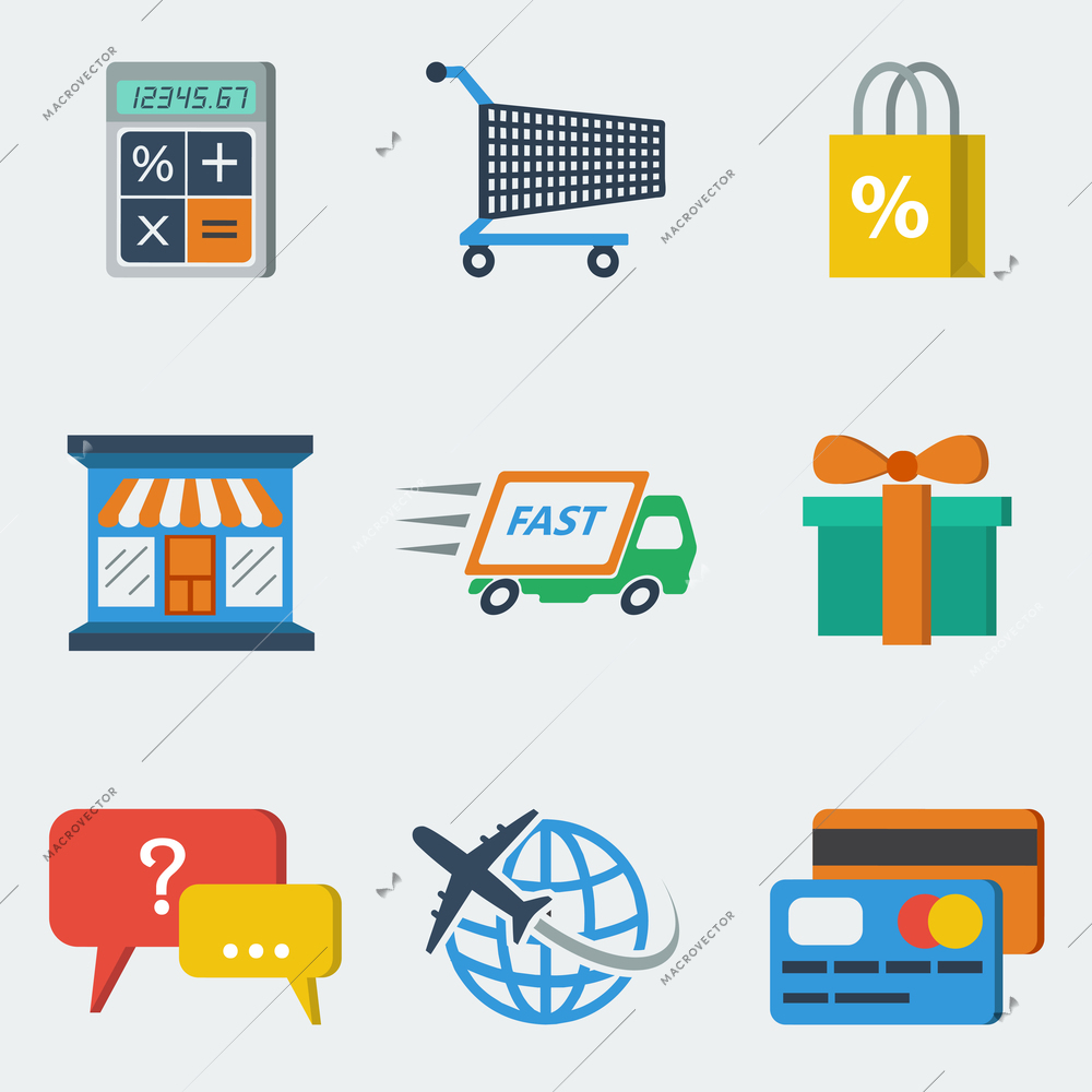 E-commerce internet shopping icons set of calculating packing delivery payment elements vector illustration