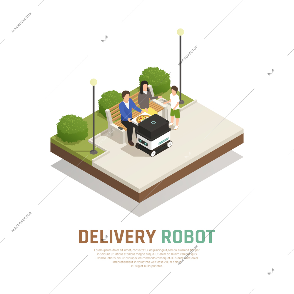 Delivery pizza by driverless robotic transport for family staying at outdoor isometric composition vector illustration