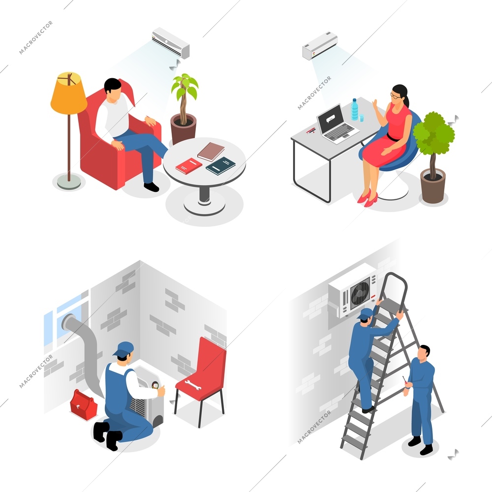 Air conditioners service design concept with four compositions of domestic users and climate control arrangement crew vector illustration