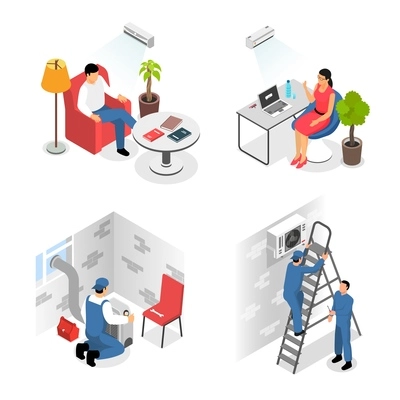 Air conditioners service design concept with four compositions of domestic users and climate control arrangement crew vector illustration