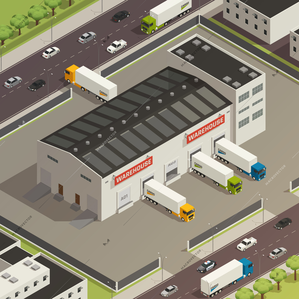 Logistic trucking composition heavy vehicles during loading and shipment cargo near warehouse building isometric vector illustration