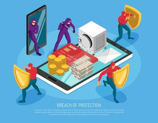 Hackers hacking passwords and stealing money horizontal 3d isometric vector illustration