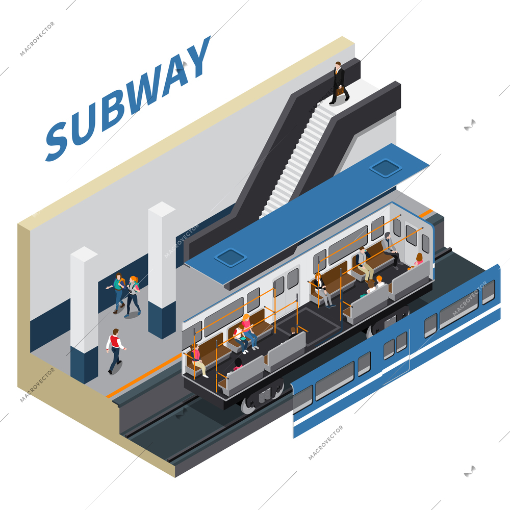 Subway isometric composition of metro station vestibule with moving staircase train and passenger vector illustration