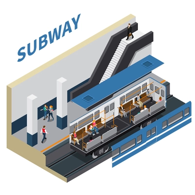 Subway isometric composition of metro station vestibule with moving staircase train and passenger vector illustration