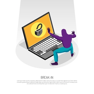 Isometric concept with hacker trying to hack into laptop 3d vector illustration