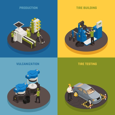 Tire production isometric design concept with industrial equipment and staff product creation and testing isolated vector illustration