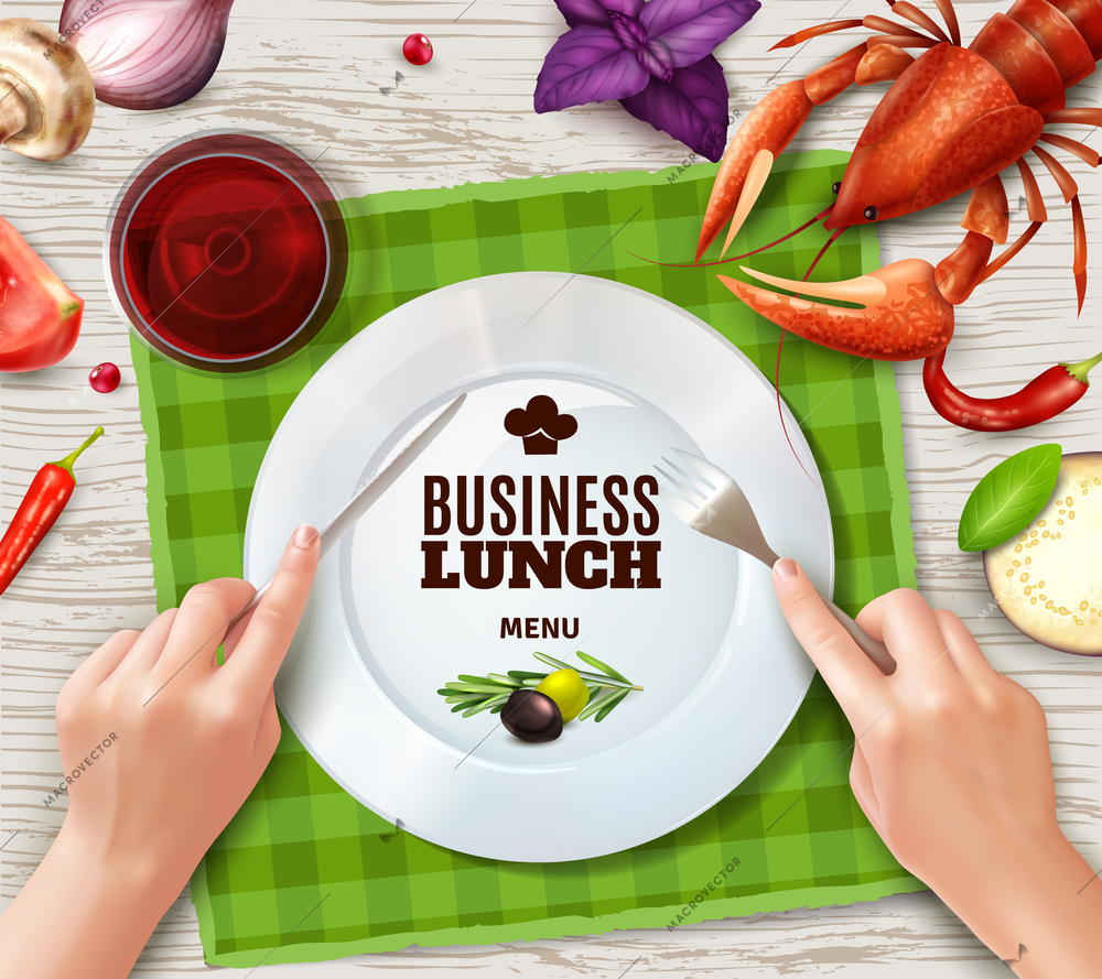 Using cutlery properly top view plate lobster saus and hands holding fork and knife realistic vector illustration