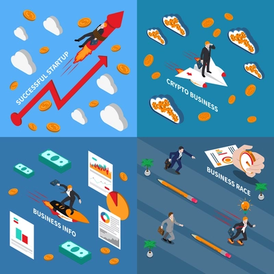 Accelerate business 2x2 design concept  set of business info successful startup business race and crypto business isometric square compositions vector illustration