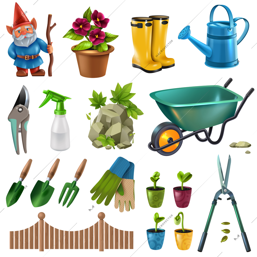 Country cottage garden accessories design elements set with hedge trimming shears flowers plants seedlings wheelbarrow vector illustration