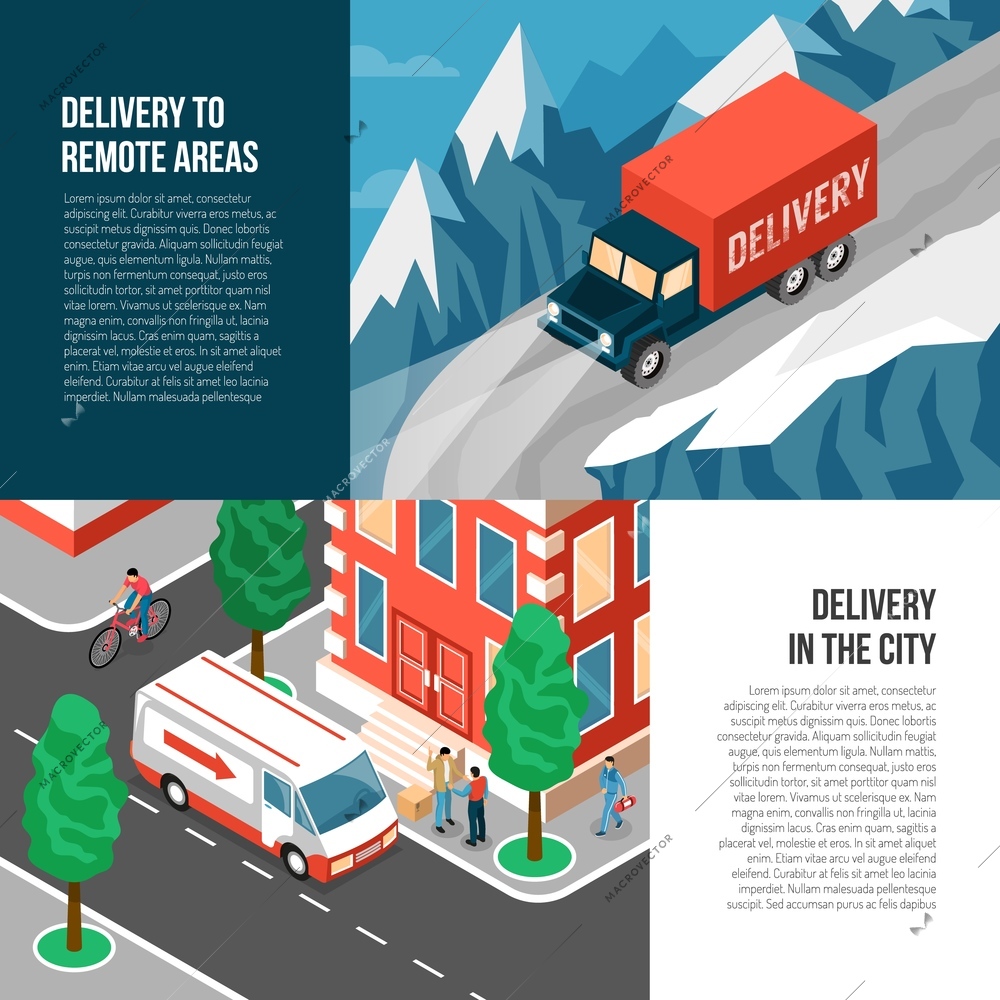 Isometric set of two horizontal banners with trucks delivering goods to remote areas and in city 3d isolated vector illustration