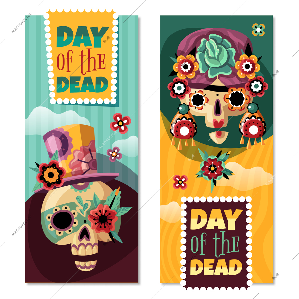 Dead day 2 colorful decorative vertical banners set with funny ornamented with flowers sculls isolated vector illustration