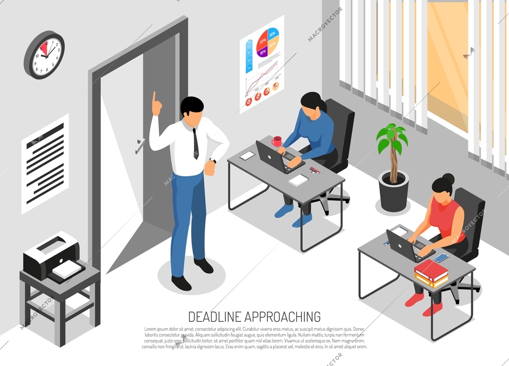 Three people working in office before deadline 3d isometric vector illustration