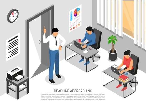 Three people working in office before deadline 3d isometric vector illustration