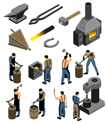 Isometric blacksmith set with isolated images of forging shop facilities and human character of iron forger vector illustration